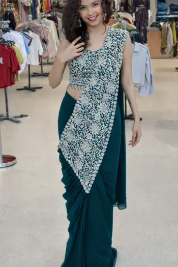 DESIGNER GEORGETTE EMBROIDERY SEQUENCE WORK READY TO WEAR SAREE WITH STITCHED BLOUSE  TEAL