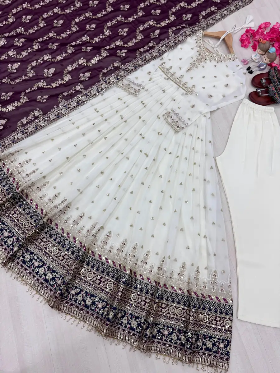 DESIGNER GEORGETTE EMBROIDERY SEQUENCE WORK WITH FANCY BORDER GOWN BOTTOM WITH DUPATTA FESTIVE WEAR WHOLESALE PRICE ETHNIC GRAMENT (27)