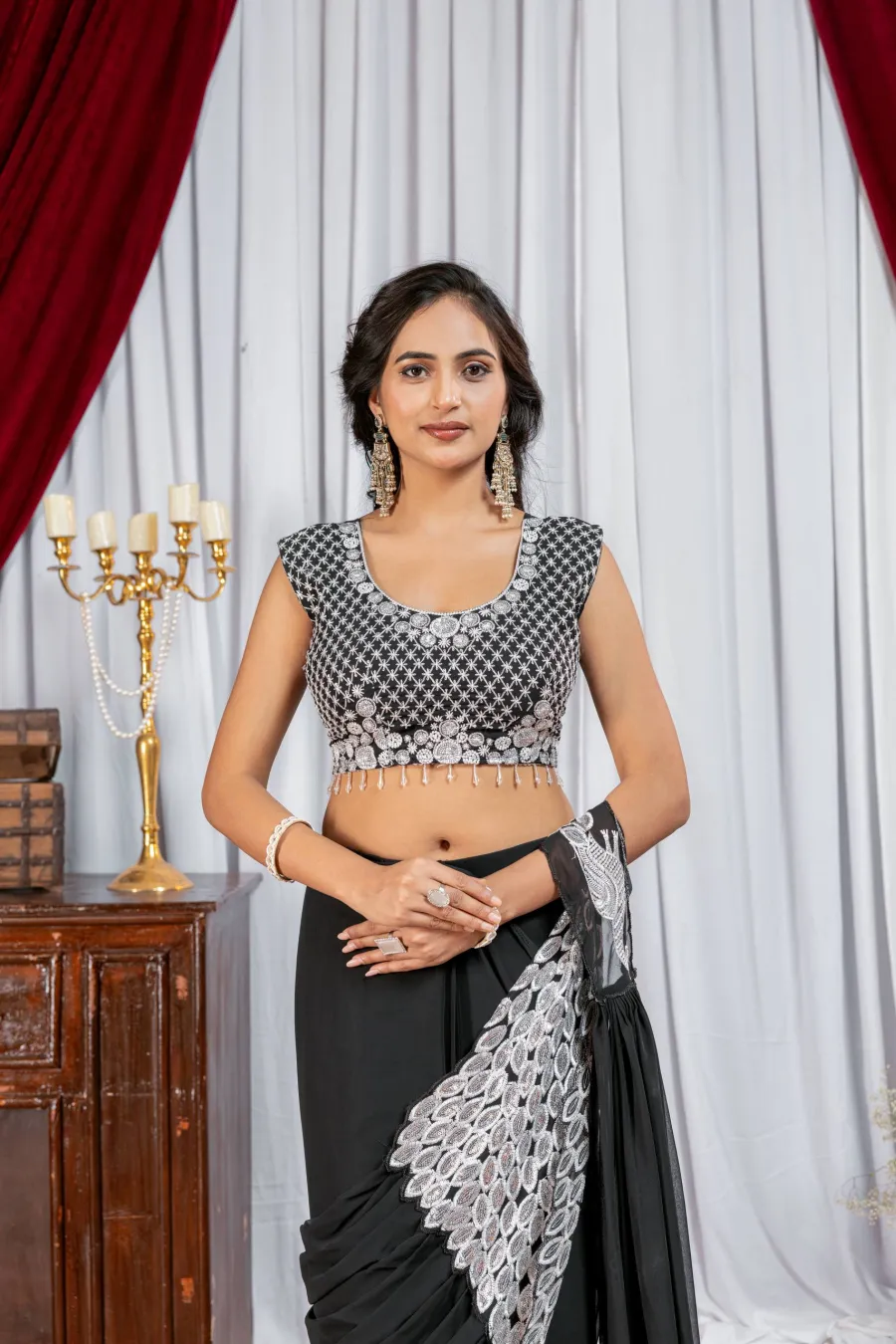 DESIGNER GEORGETTE EMBROIDERY THREAD & SEQUENCE WORK READY TO WEAR SAREE WITH STITCHED BLOUSE PARTY WEAR WHOLESALE PRICE ETHNIC GARMENT (10)