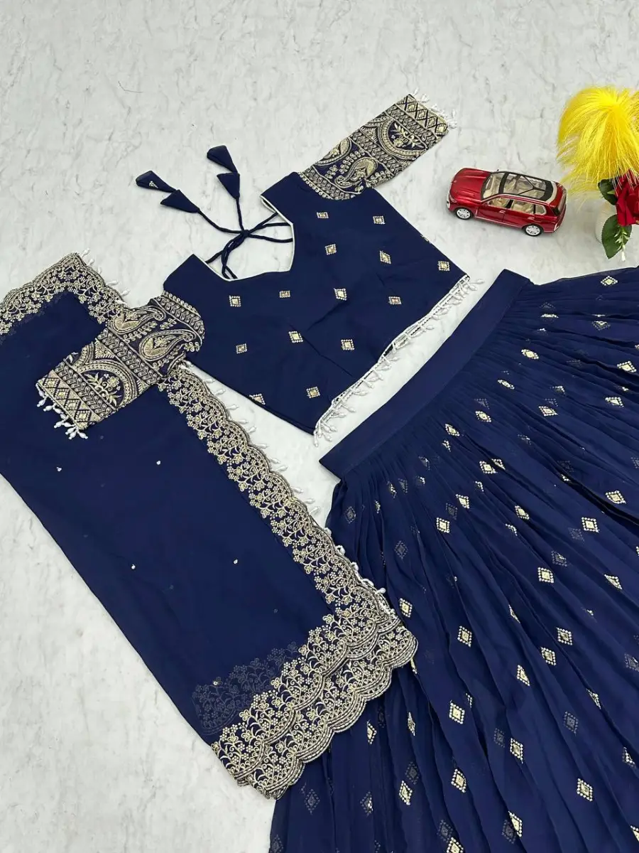 DESIGNER GEORGETTE EMBROIDERY THREAD WORK LEHENGA CHOLI WITH DUPATTA WEDDING WEAR WHOLESALE PRICE ETHNIC GARMENT (3)