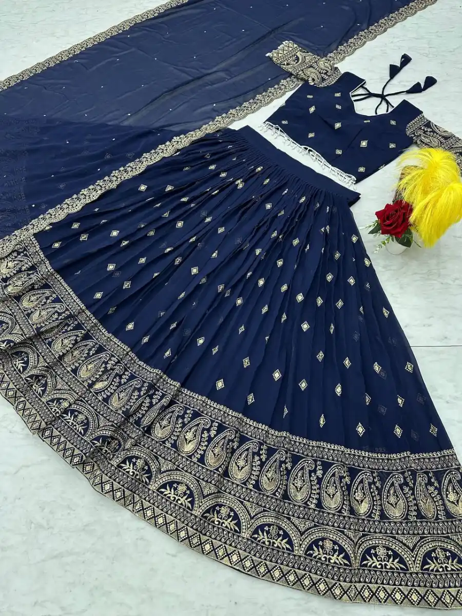 DESIGNER GEORGETTE EMBROIDERY THREAD WORK LEHENGA CHOLI WITH DUPATTA WEDDING WEAR WHOLESALE PRICE ETHNIC GARMENT (6)