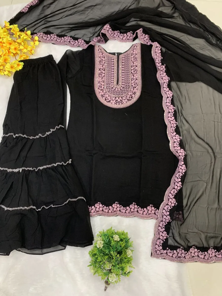 DESIGNER GEORGETTE EMBROIDERY THREADS & SEQUENCE WORK TOP SHARARA WITH DUPATTA FESTIVE WEAR WHOLESALE PRICE ETHNIC GARMENT (12)