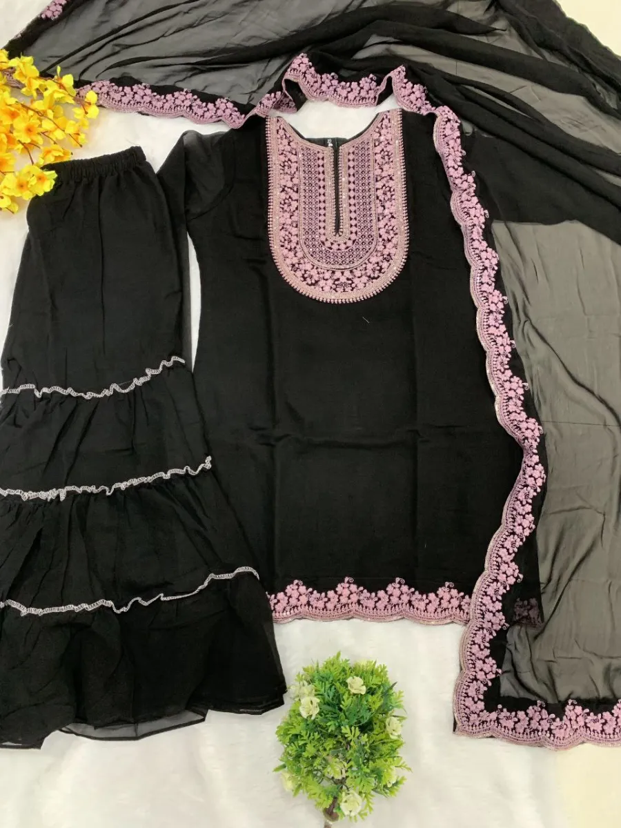 DESIGNER GEORGETTE EMBROIDERY THREADS & SEQUENCE WORK TOP SHARARA WITH DUPATTA FESTIVE WEAR WHOLESALE PRICE ETHNIC GARMENT (16)