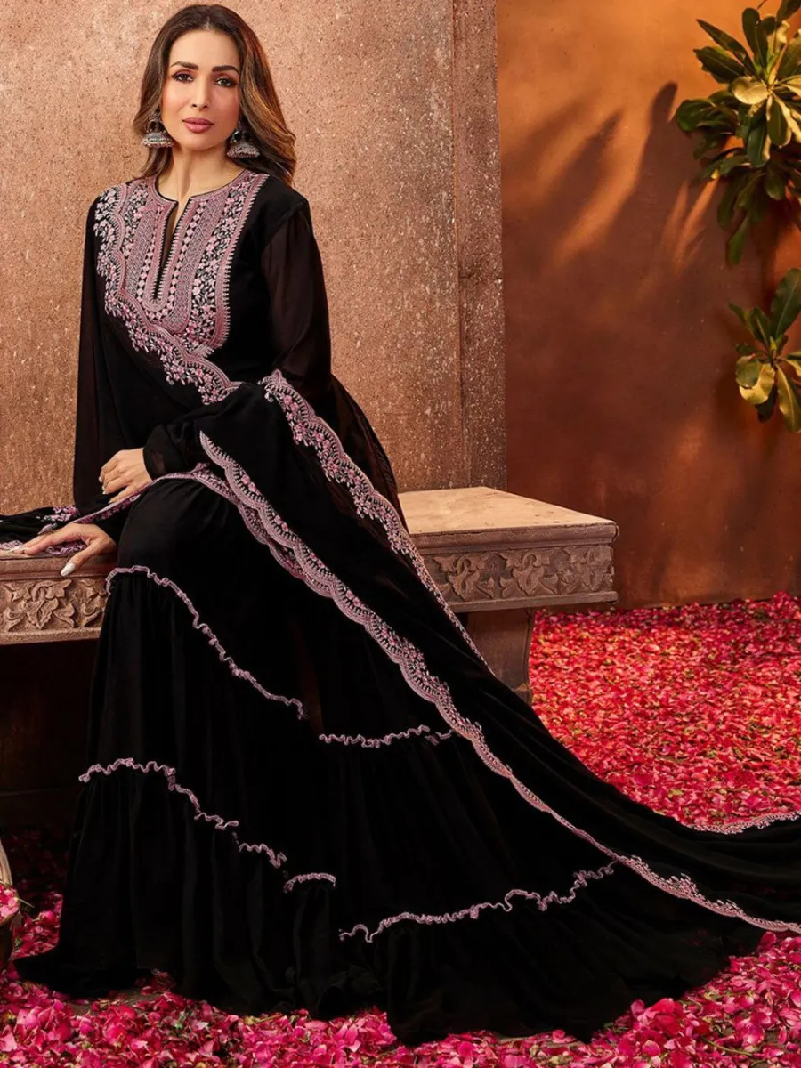 DESIGNER GEORGETTE EMBROIDERY THREADS & SEQUENCE WORK TOP SHARARA WITH DUPATTA FESTIVE WEAR WHOLESALE PRICE ETHNIC GARMENT (5)