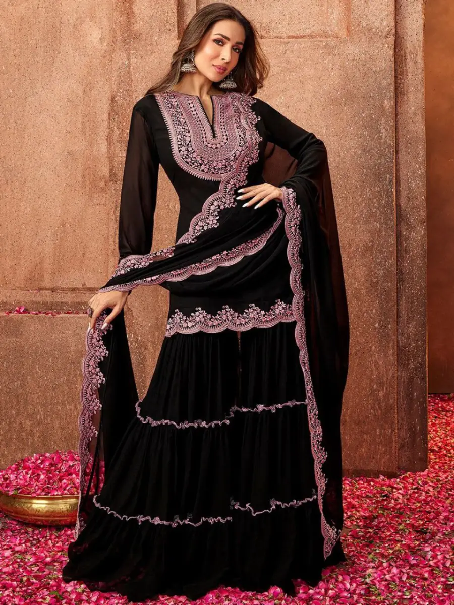 DESIGNER GEORGETTE EMBROIDERY THREADS & SEQUENCE WORK TOP SHARARA WITH DUPATTA FESTIVE WEAR WHOLESALE PRICE ETHNIC GARMENT (7)