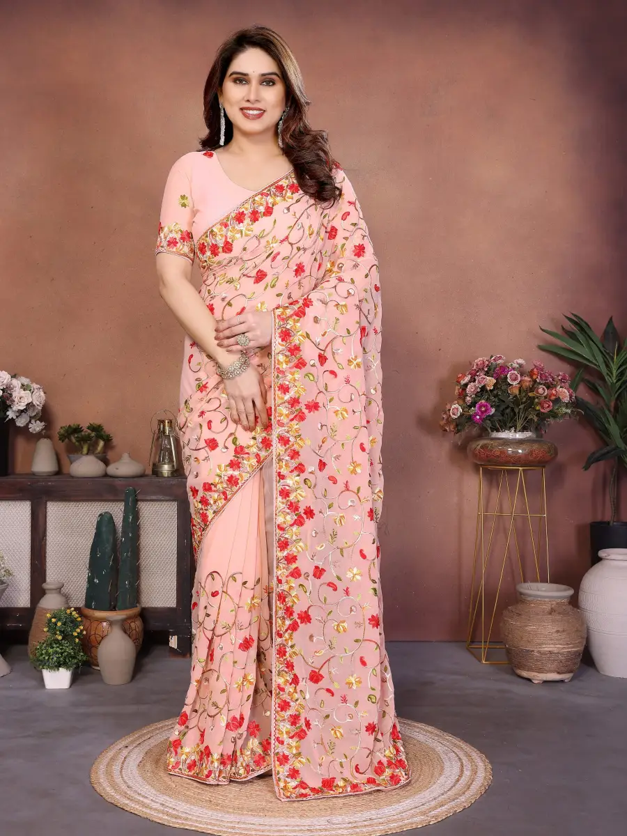 DESIGNER GEORGETTE LUCKNOWI EMBROIDERY WORK SAREE WITH UNSTITCHED BLOUSE WEDDING WEAR WHOLESALE PRICE ETHNIC GARMENT (7)