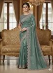 DESIGNER GEORGETTE SEQUENCE EMBROIDERY CONTRAST PALLU WORK SAREE WITH UNSTITCHED BLOUSE MINT