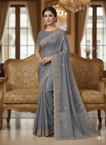DESIGNER GEORGETTE SEQUENCE EMBROIDERY CONTRAST PALLU WORK SAREE WITH UNSTITCHED BLOUSE GREY