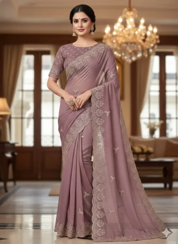 DESIGNER GEORGETTE SEQUENCE EMBROIDERY CONTRAST PALLU WORK SAREE WITH UNSTITCHED BLOUSE LAVENDER