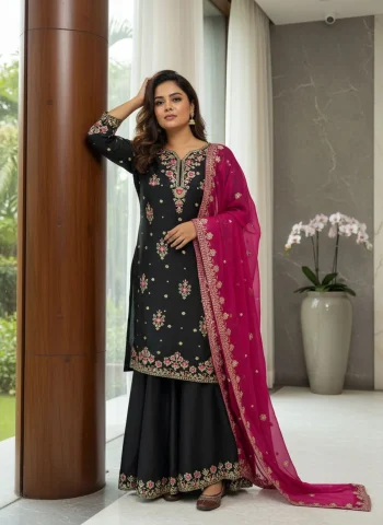 DESIGNER GEORGETTE SEQUENCE, THREAD & ZARI EMBROIDERY WORK  TOP PALAZZO WITH DUPATTA BLACK AND PINK
