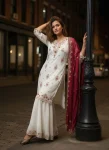 DESIGNER GEORGETTE SEQUENCE, THREAD & ZARI EMBROIDERY WORK  TOP PALAZZO WITH DUPATTA WHITE AND MAROON