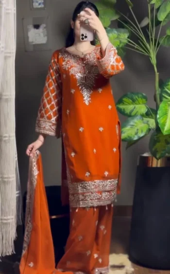 DESIGNER GEORGETTE THREAD WITH SEQUENCE WORK  TOP PALAZZO WITH DUPATTA ORANGE