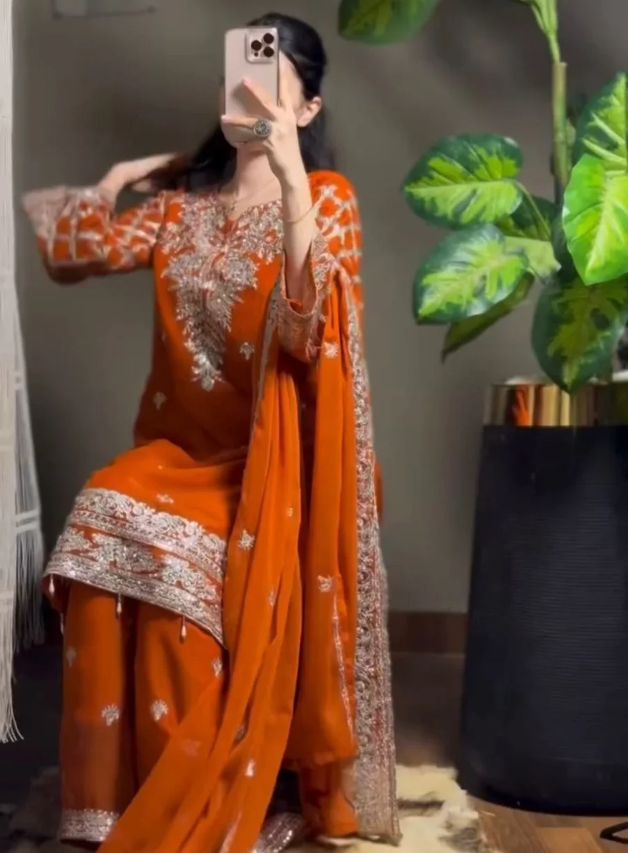 DESIGNER GEORGETTE THREAD WITH SEQUENCE WORK TOP PALAZZO WITH DUPATTA WEDDING WEAR WHOLESALE PRICE ETHNIC GARMENT (2)