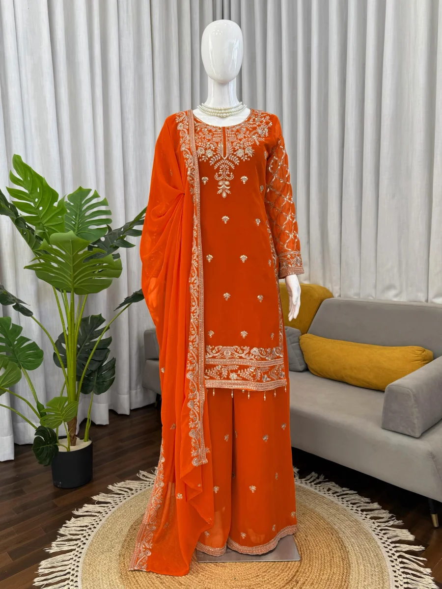 DESIGNER GEORGETTE THREAD WITH SEQUENCE WORK TOP PALAZZO WITH DUPATTA WEDDING WEAR WHOLESALE PRICE ETHNIC GARMENT (3)