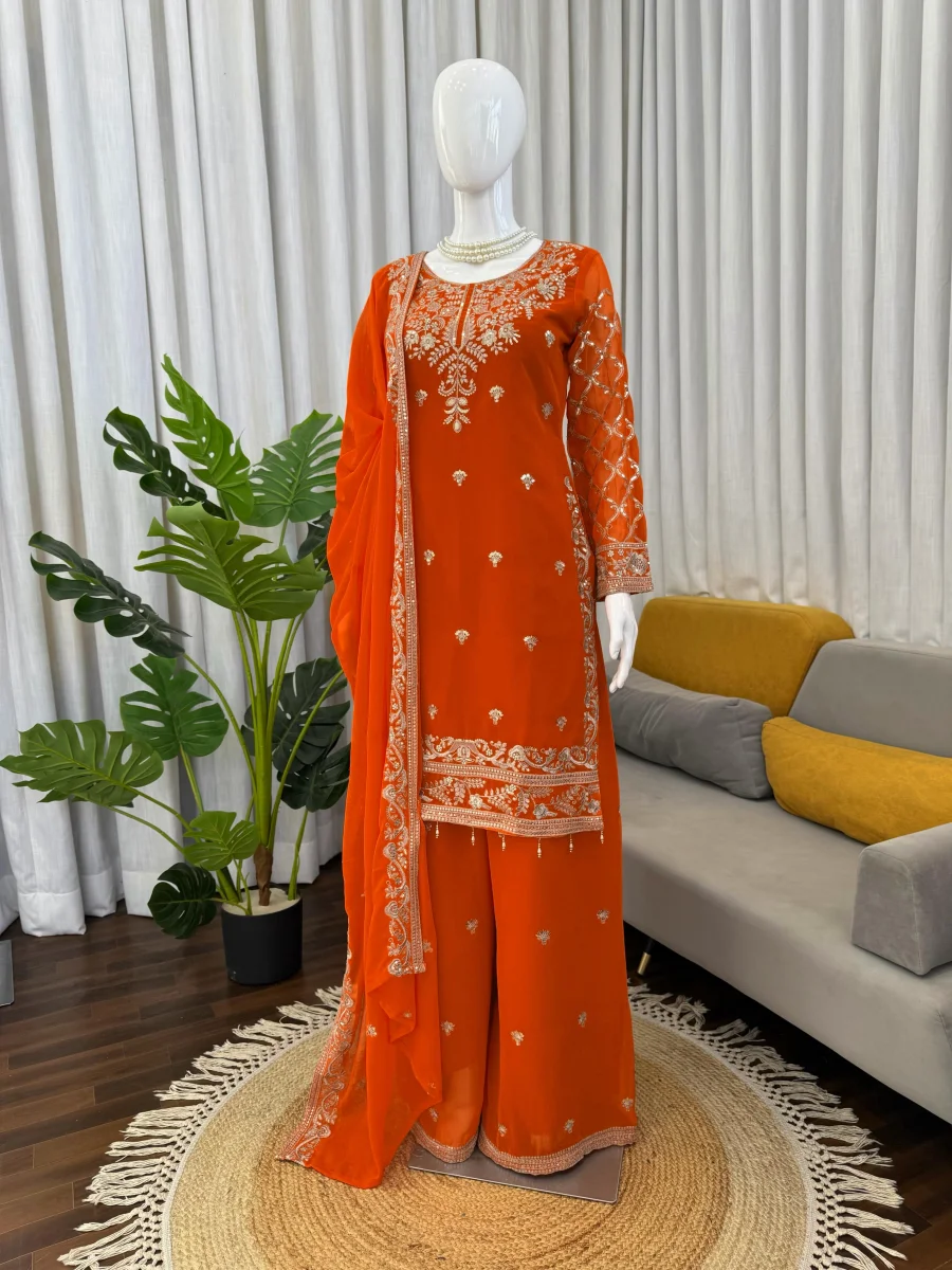 DESIGNER GEORGETTE THREAD WITH SEQUENCE WORK TOP PALAZZO WITH DUPATTA WEDDING WEAR WHOLESALE PRICE ETHNIC GARMENT (4)