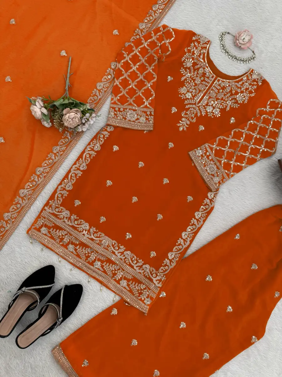 DESIGNER GEORGETTE THREAD WITH SEQUENCE WORK TOP PALAZZO WITH DUPATTA WEDDING WEAR WHOLESALE PRICE ETHNIC GARMENT (7)