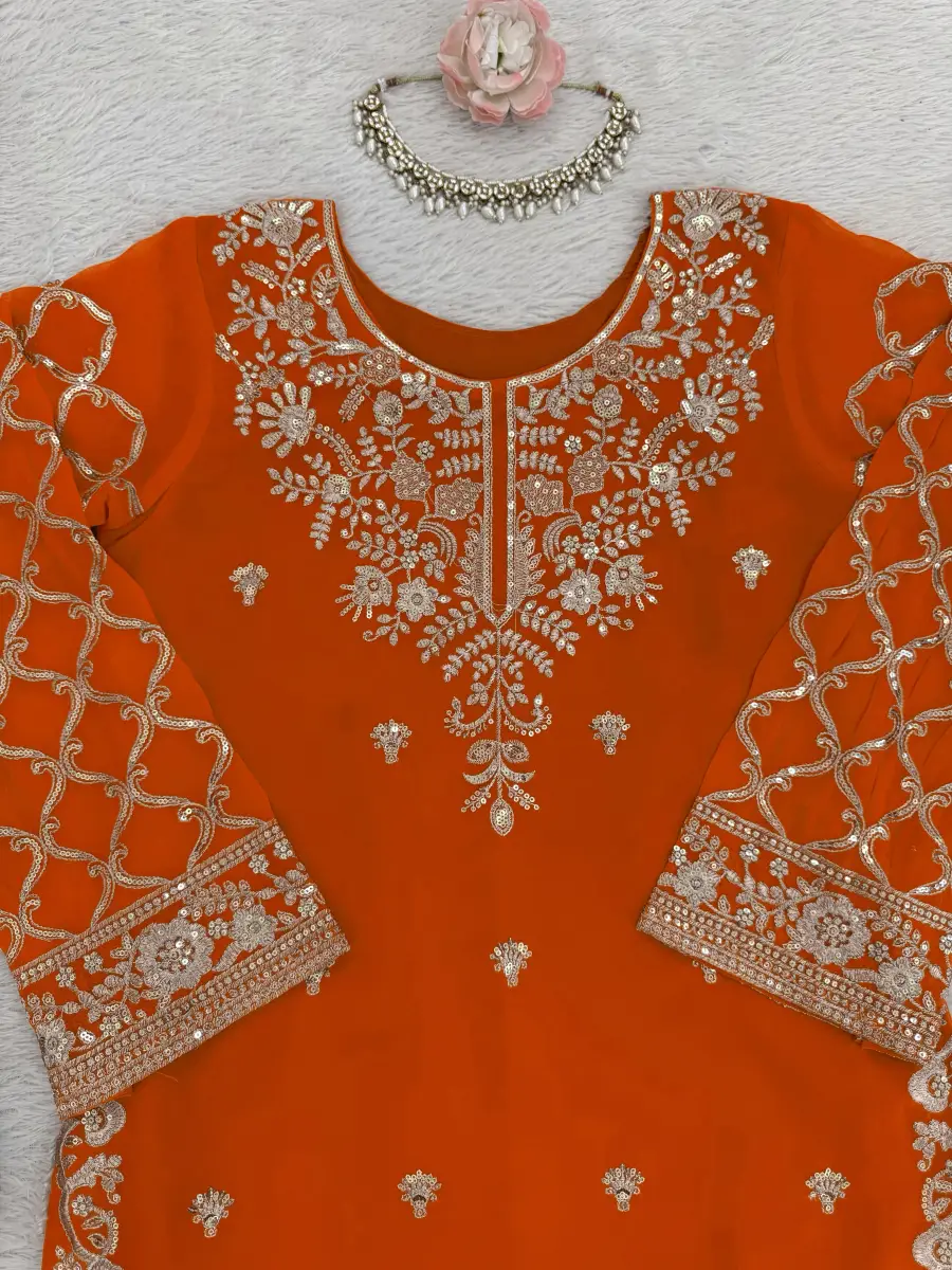 DESIGNER GEORGETTE THREAD WITH SEQUENCE WORK TOP PALAZZO WITH DUPATTA WEDDING WEAR WHOLESALE PRICE ETHNIC GARMENT (9)