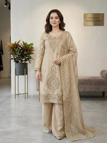 DESIGNER GMY SILK EMBROIDERY BEADS WORK TOP PALAZZO WITH DUPATTA CREAM