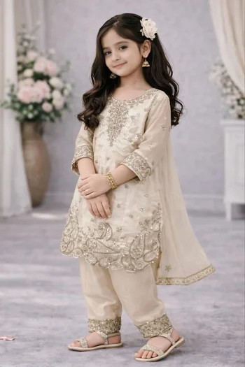 DESIGNER GMY SILK EMBROIDERY SEQUENCE WORK  KID'S TOP BOTTOM WITH DUPATTA OFF WHITE