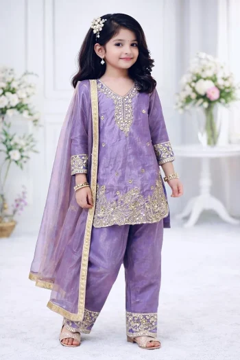 DESIGNER GMY SILK EMBROIDERY SEQUENCE WORK  KID'S TOP BOTTOM WITH DUPATTA LAVENDER