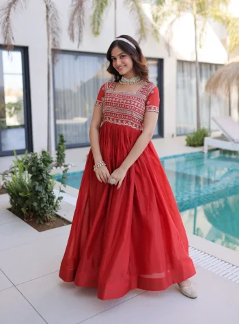 DESIGNER HO FABRIC SEQUENCE & ZARI WITH PIPE BEADS EMBROIDERY WORK GOWN RED