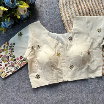 DESIGNER KHADI COTTON EMBROIDERY WORK STITCHED BLOUSE OFF WHITE