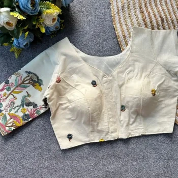 DESIGNER KHADI COTTON EMBROIDERY WORK STITCHED BLOUSE OFF WHITE