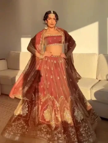 DESIGNER KRISHMA SILK THREAD WITH SEQUENCE WORK LEHENGA CHOLI WITH DUPATTA ORANGE