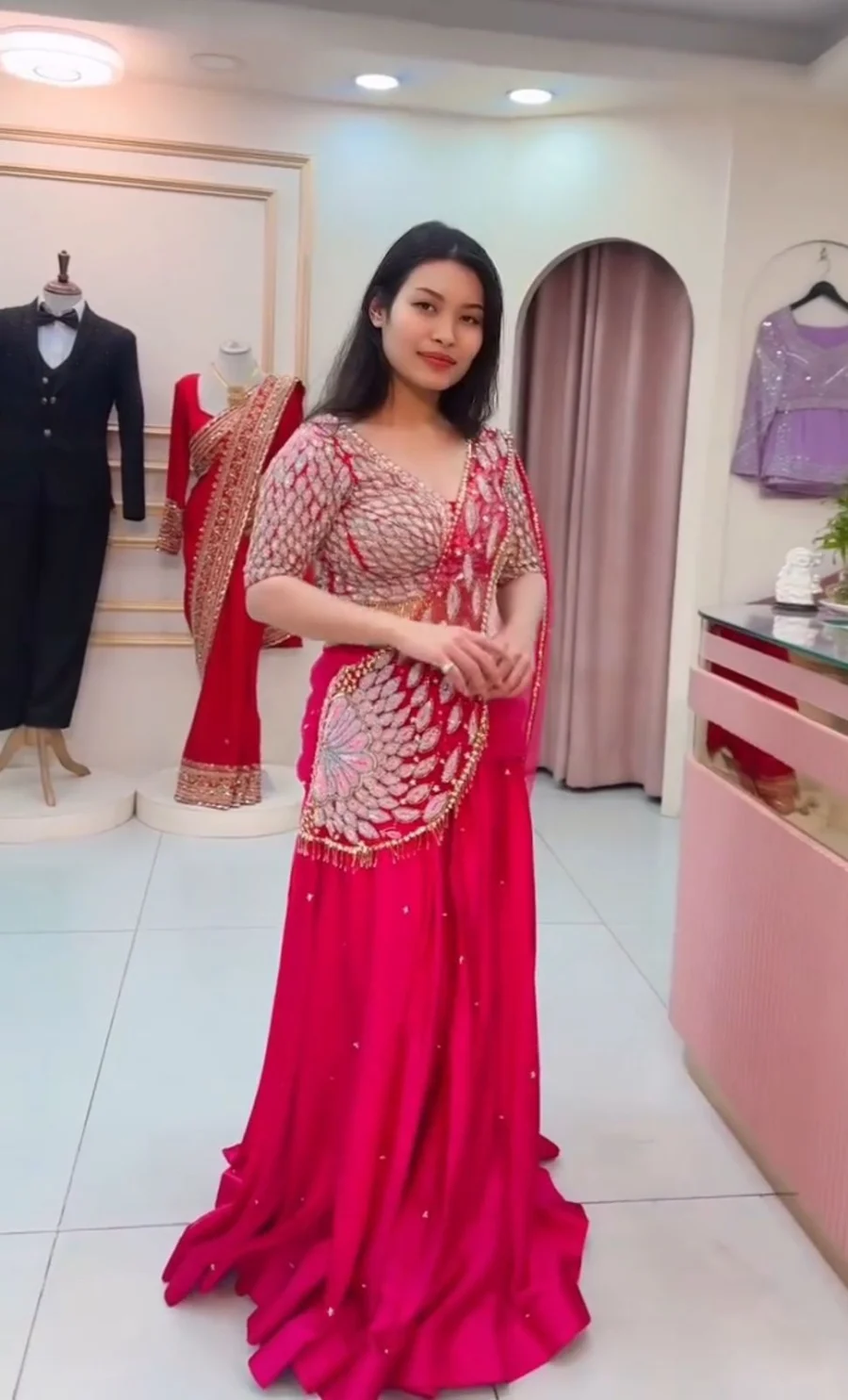 DESIGNER NATURAL CREPE MOTI WORK LEHENGA SAREE WITH STITCHED BLOUSE AND DUPATTA FESTIVE WEAR WHOLESALE PRICE ETHNIC GARMENT (2)
