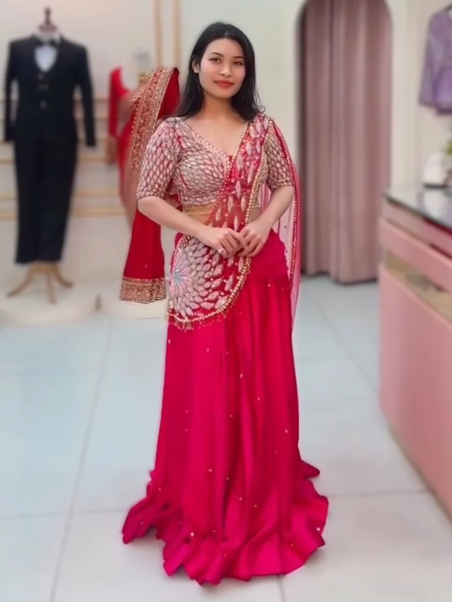 DESIGNER NATURAL CREPE MOTI WORK LEHENGA SAREE WITH STITCHED BLOUSE AND DUPATTA FESTIVE WEAR WHOLESALE PRICE ETHNIC GARMENT (5)