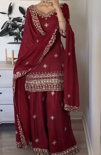 DESIGNER NATURAL CREPE SEQUENCE EMBROIDERY WORK TOP PALAZZO WIH DUPATTA MAROON