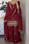 DESIGNER NATURAL CREPE SEQUENCE EMBROIDERY WORK TOP PALAZZO WIH DUPATTA MAROON