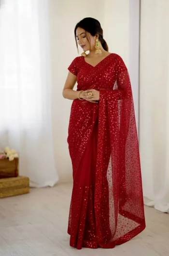 DESIGNER NET SEQUENCE AND DORI WORK SAREE WITH UNSTITCHED BLOUSE RED