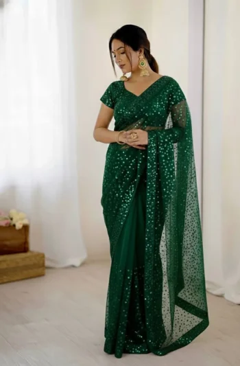 DESIGNER NET SEQUENCE AND DORI WORK SAREE WITH UNSTITCHED BLOUSE GREEN