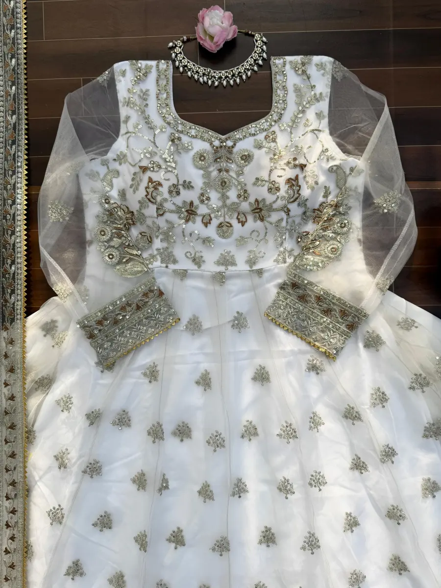 DESIGNER NET THREAD & SEQUENCE WORK GOWN LEHENGA WITH DUPATTA WEDDING WEAR WHOLESALE PRICE ETHNIC GARMENT (1)