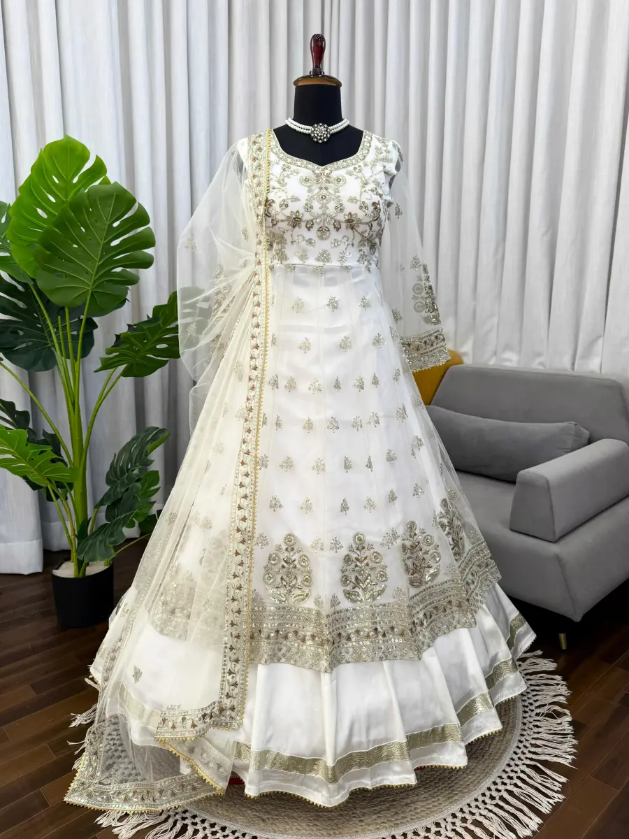 DESIGNER NET THREAD & SEQUENCE WORK GOWN LEHENGA WITH DUPATTA WEDDING WEAR WHOLESALE PRICE ETHNIC GARMENT (10)