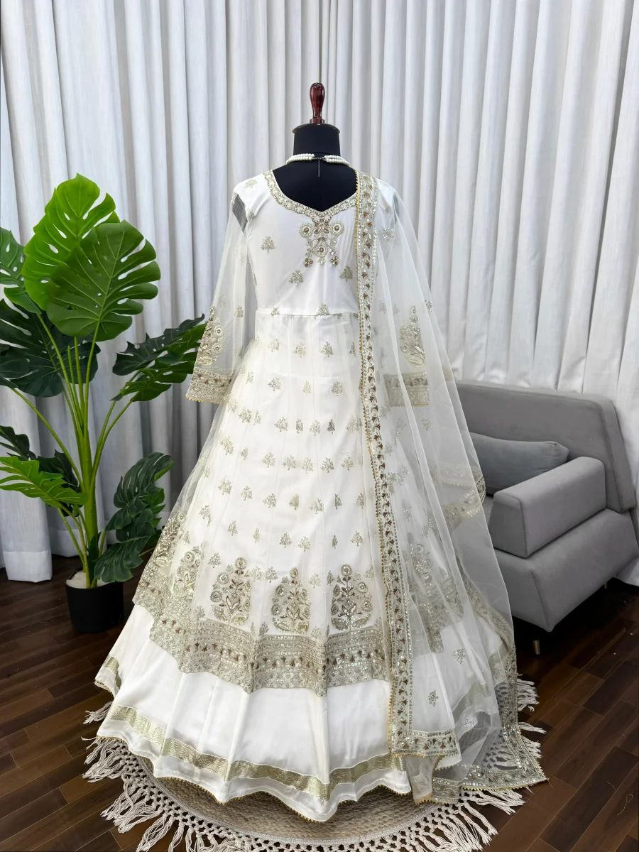 DESIGNER NET THREAD & SEQUENCE WORK GOWN LEHENGA WITH DUPATTA WEDDING WEAR WHOLESALE PRICE ETHNIC GARMENT (9)