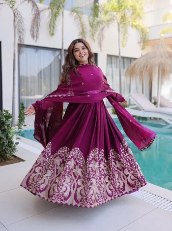 DESIGNER RANGOLI CRUSH SEQUENCE MULTI EMBROIDERY WORK GOWN WITH DUPATTA WINE