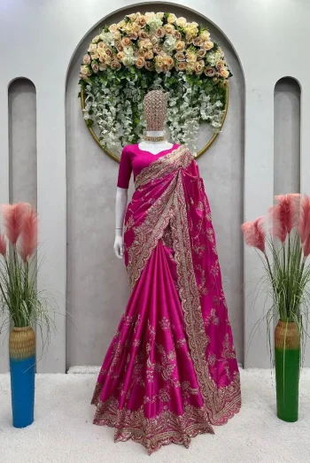 DESIGNER RANGOLI EMBROIDERY SEQUENCE, DORI AND ZARI WITH CUT WORK BORDER WORK SAREE WITH UNSTITCHED BLOUSE PINK