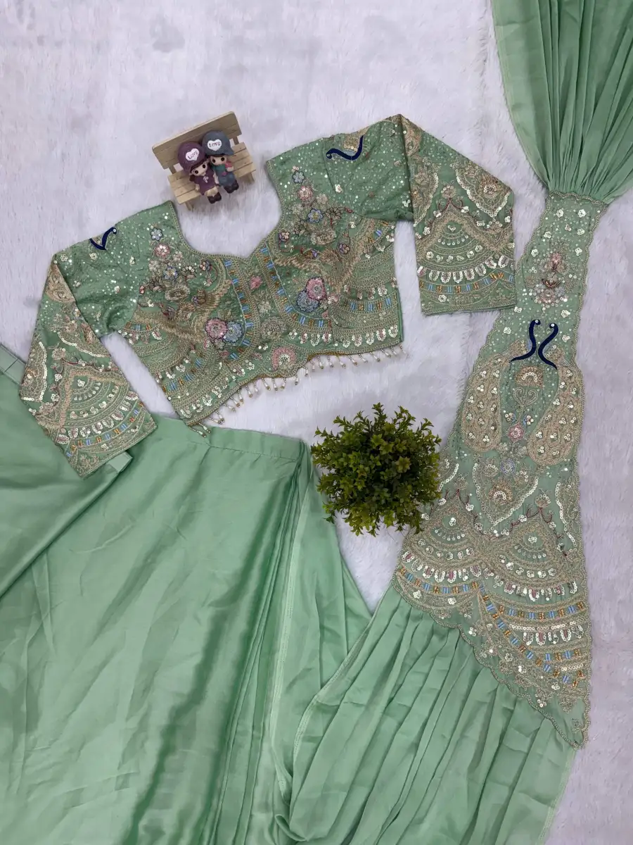 DESIGNER RANGOLI SILK EMBROIDERY THREAD & DUAL SEQUENCE WORK READY TOP WEAR SAREE WITH STITCHED BLOUSE PARTY WEAR WHOLESALE PRICE ETHNIC GARMENT (12)
