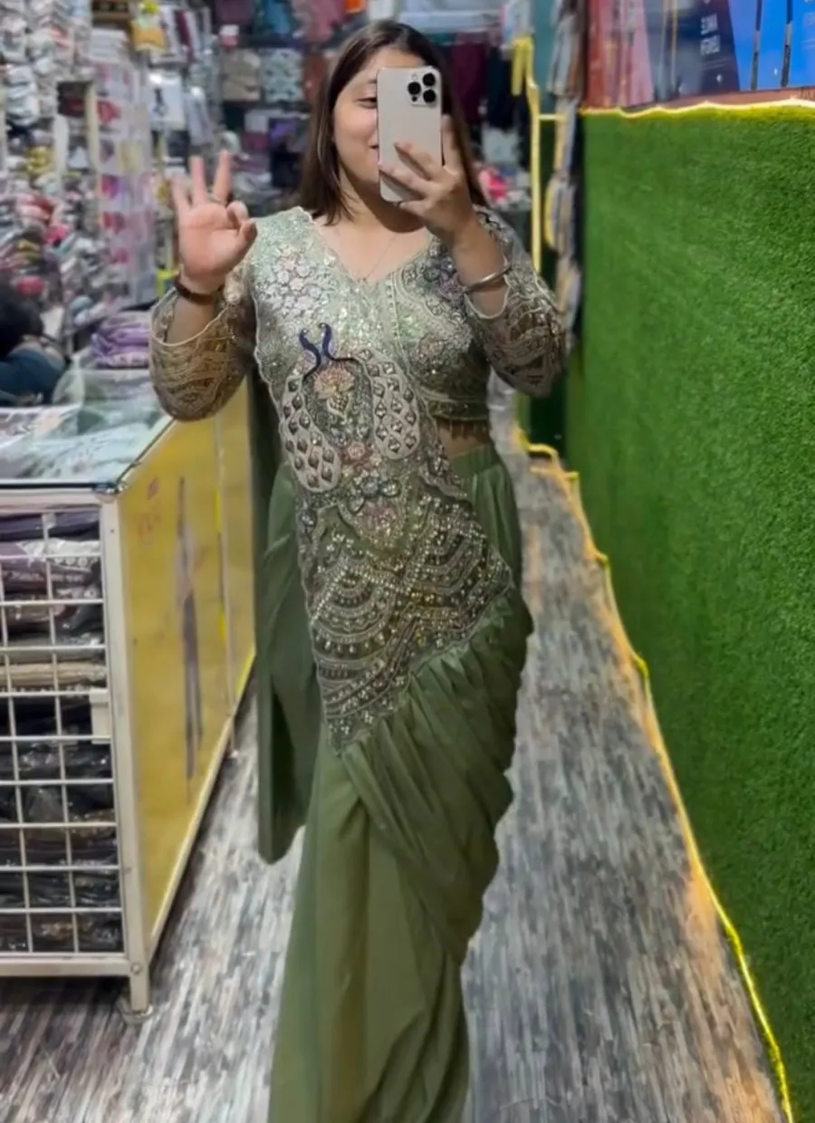 DESIGNER RANGOLI SILK EMBROIDERY THREAD & DUAL SEQUENCE WORK READY TOP WEAR SAREE WITH STITCHED BLOUSE PARTY WEAR WHOLESALE PRICE ETHNIC GARMENT (5)