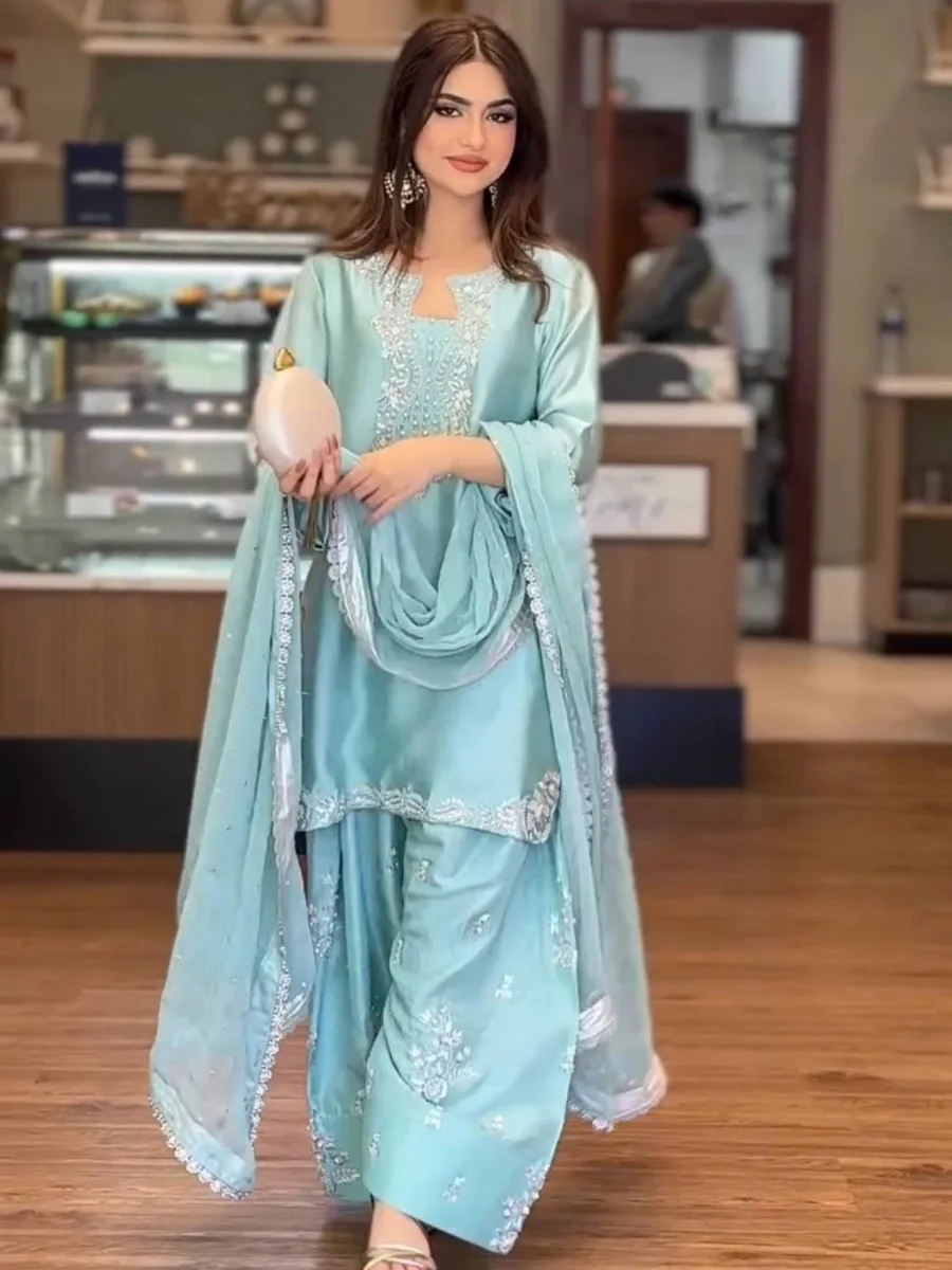 DESIGNER ROMAN GLASS SILK EMBROIDERY 3 MM SEQUENCE WORK WITH RIVET MOTI WORK TOP PATIYALA WITH DUPATTA FESTIVE WEAR WHOLESALE PRICE ETHNIC GARMENT (2)