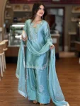 DESIGNER ROMAN GLASS SILK EMBROIDERY 3 MM SEQUENCE WORK WITH RIVET MOTI WORK TOP PATIYALA WITH DUPATTA FESTIVE WEAR WHOLESALE PRICE ETHNIC GARMENT (2)
