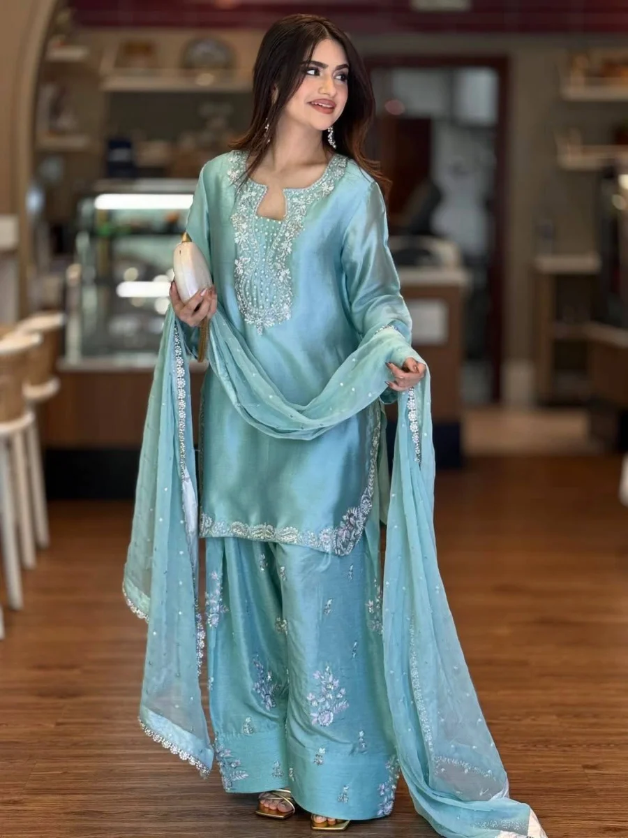 DESIGNER ROMAN GLASS SILK EMBROIDERY 3 MM SEQUENCE WORK WITH RIVET MOTI WORK TOP PATIYALA WITH DUPATTA FESTIVE WEAR WHOLESALE PRICE ETHNIC GARMENT (5)