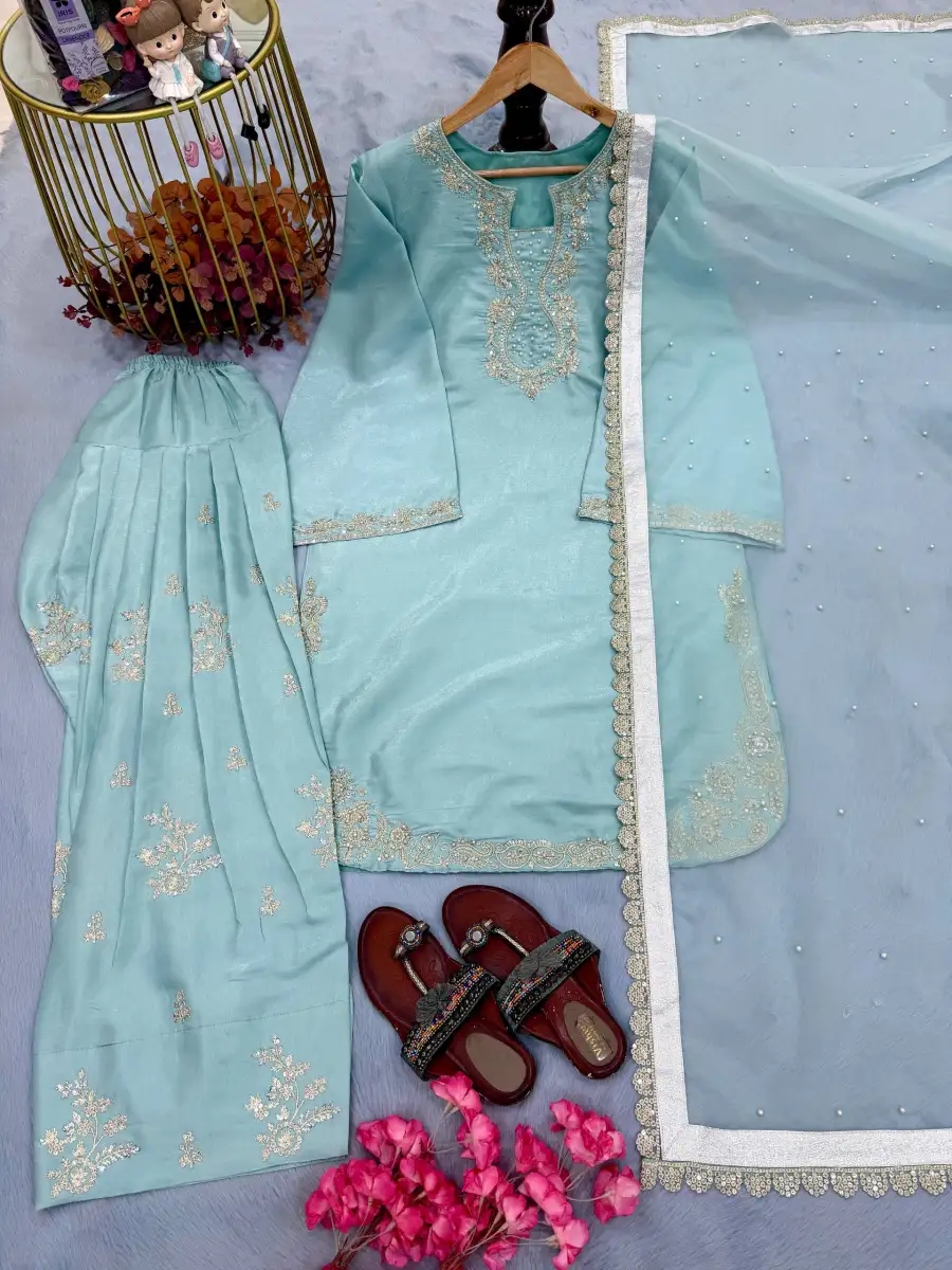 DESIGNER ROMAN GLASS SILK EMBROIDERY 3 MM SEQUENCE WORK WITH RIVET MOTI WORK TOP PATIYALA WITH DUPATTA FESTIVE WEAR WHOLESALE PRICE ETHNIC GARMENT (8)