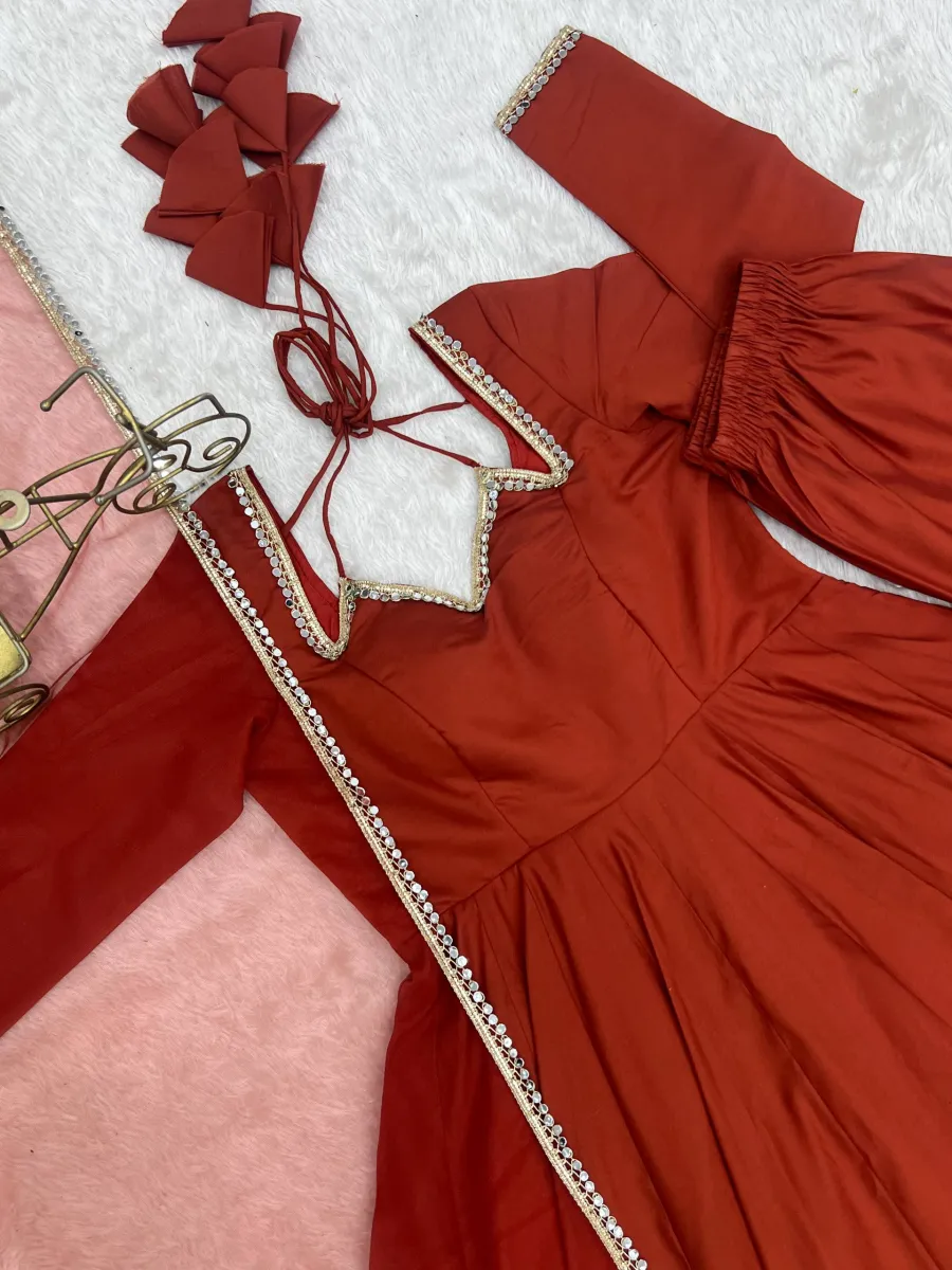 DESIGNER ROMAN SILK CHANDERI LACE WORK GOWN BOTTOM WITH DUPATTA FESTIVE WEAR WHOLESALE PRICE ETHNIC GARMENT (1)