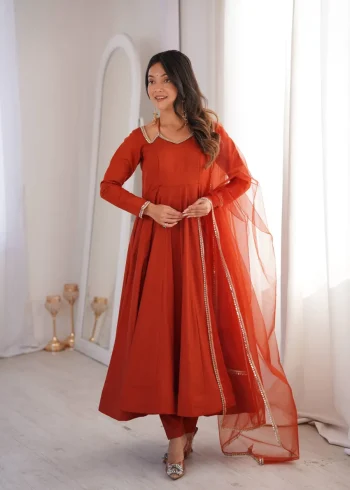 DESIGNER ROMAN SILK CHANDERI LACE WORK GOWN BOTTOM WITH DUPATTA ORANGE