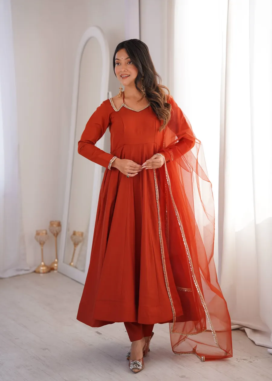 DESIGNER ROMAN SILK CHANDERI LACE WORK GOWN BOTTOM WITH DUPATTA FESTIVE WEAR WHOLESALE PRICE ETHNIC GARMENT (2)