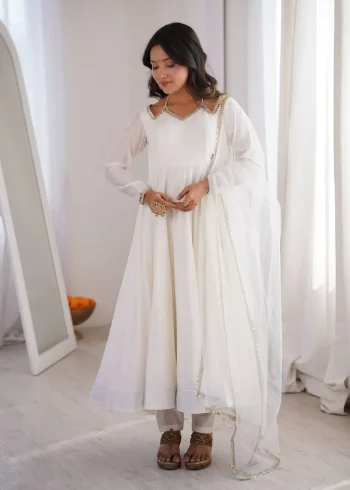 DESIGNER ROMAN SILK CHANDERI LACE WORK GOWN BOTTOM WITH DUPATTA WHITE