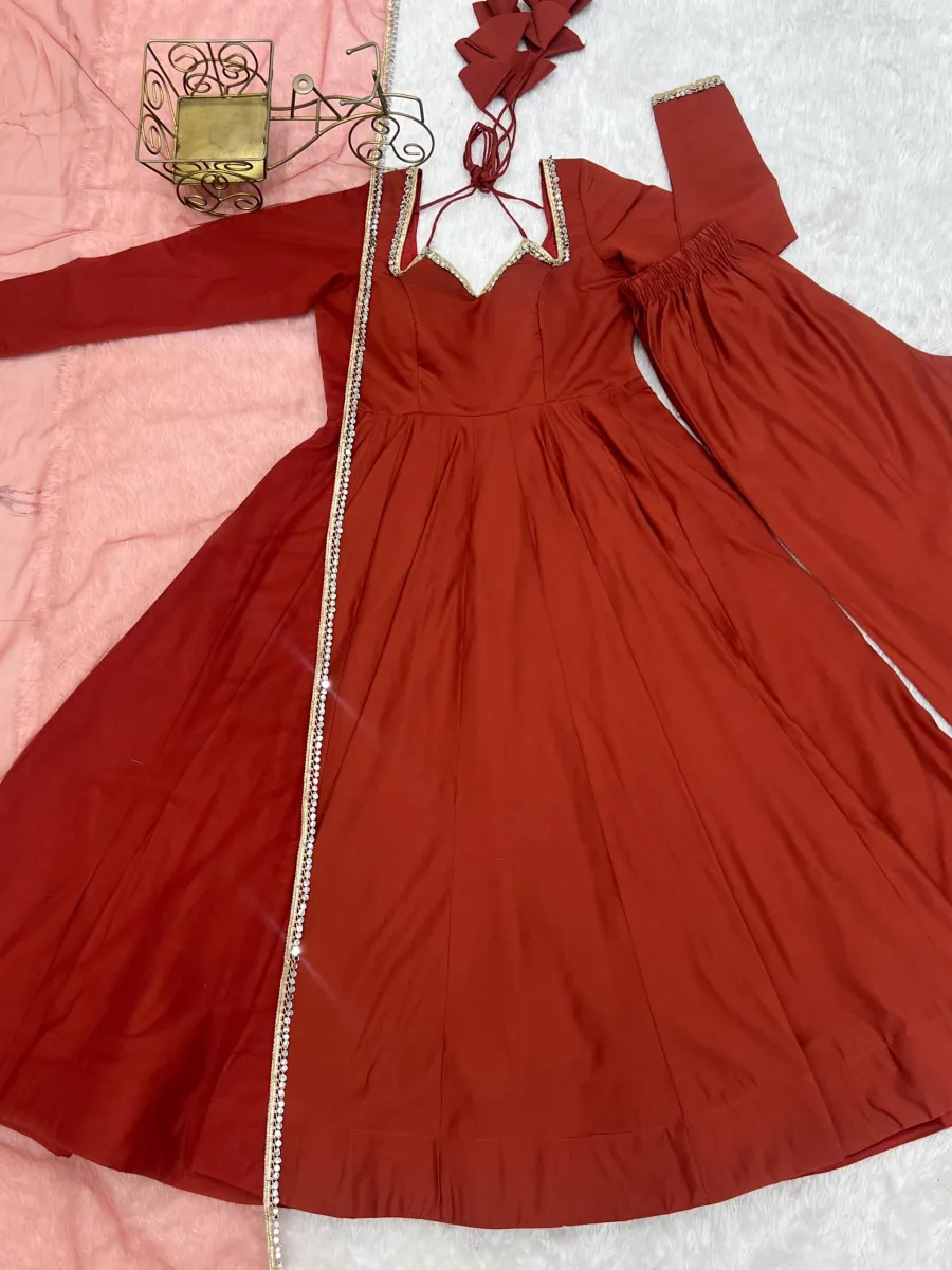 DESIGNER ROMAN SILK CHANDERI LACE WORK GOWN BOTTOM WITH DUPATTA FESTIVE WEAR WHOLESALE PRICE ETHNIC GARMENT (9)